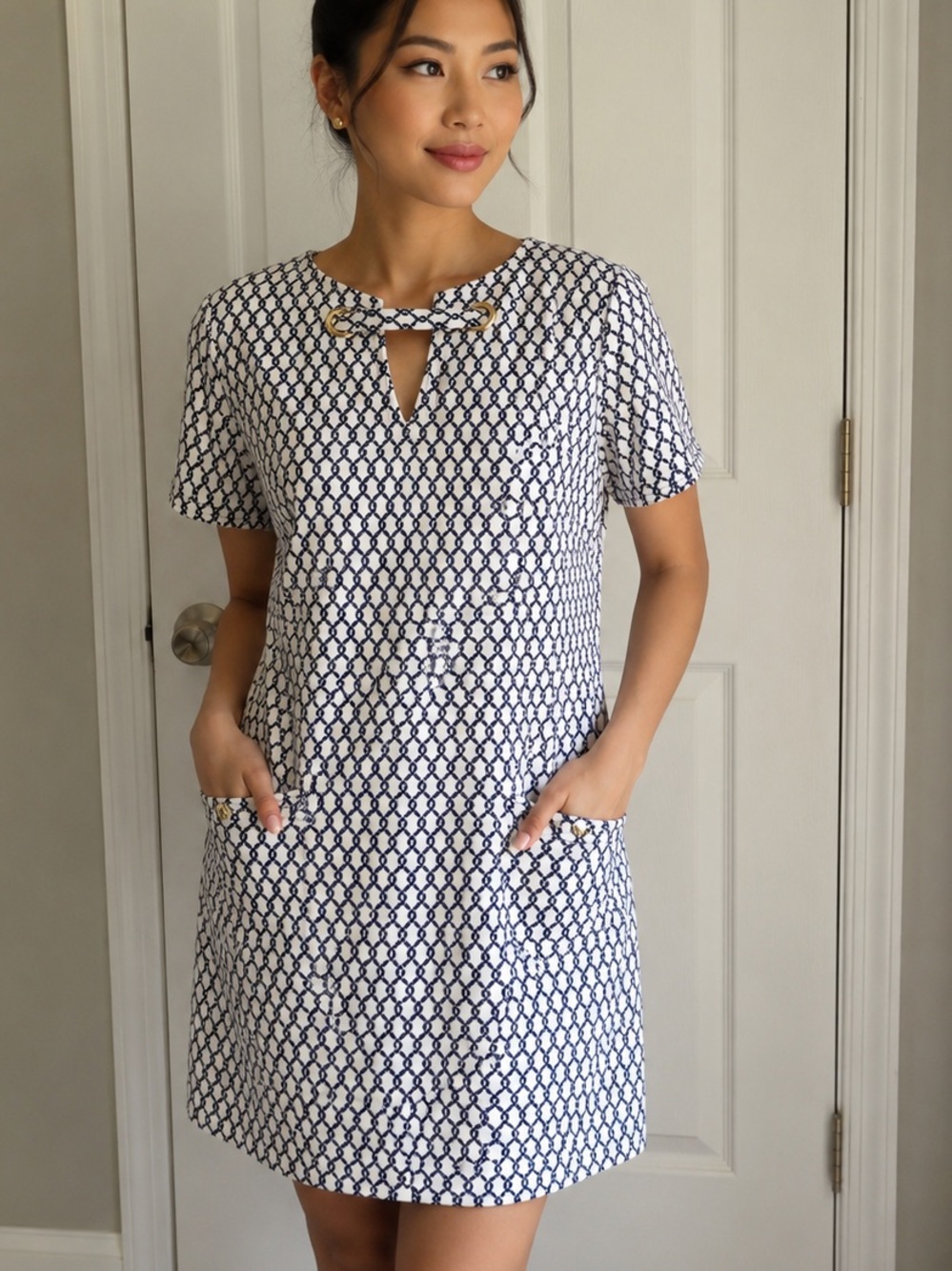 Tommy Hilfiger Navy & White Chain-Print Short Sleeve Shift Dress Size 10